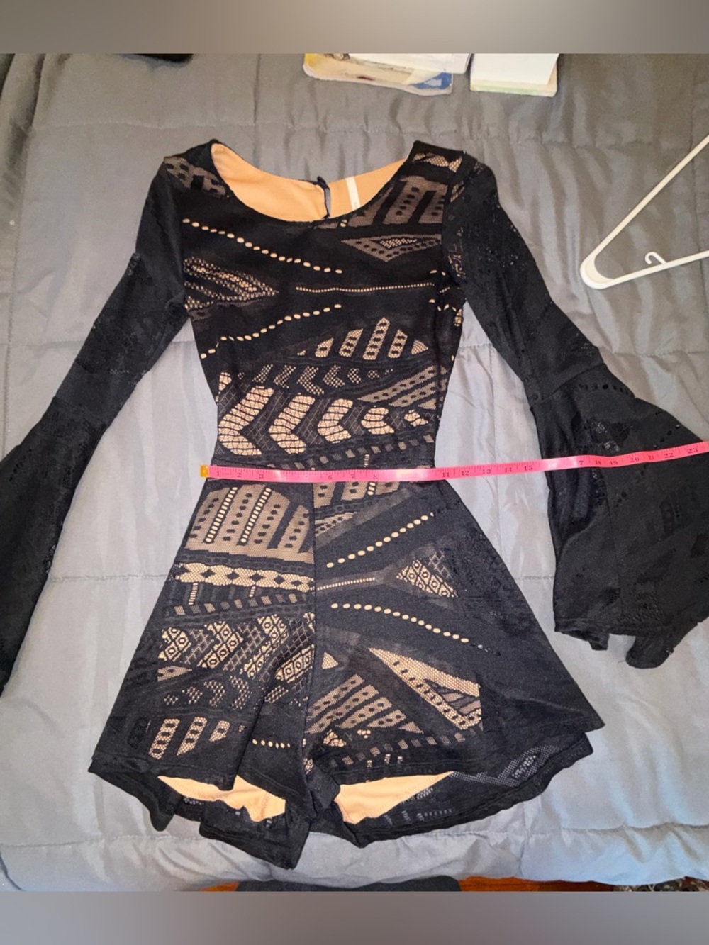Sage Black Lace Romper Dress Bell Sleeve Open Back Small - Picture 5 of 7